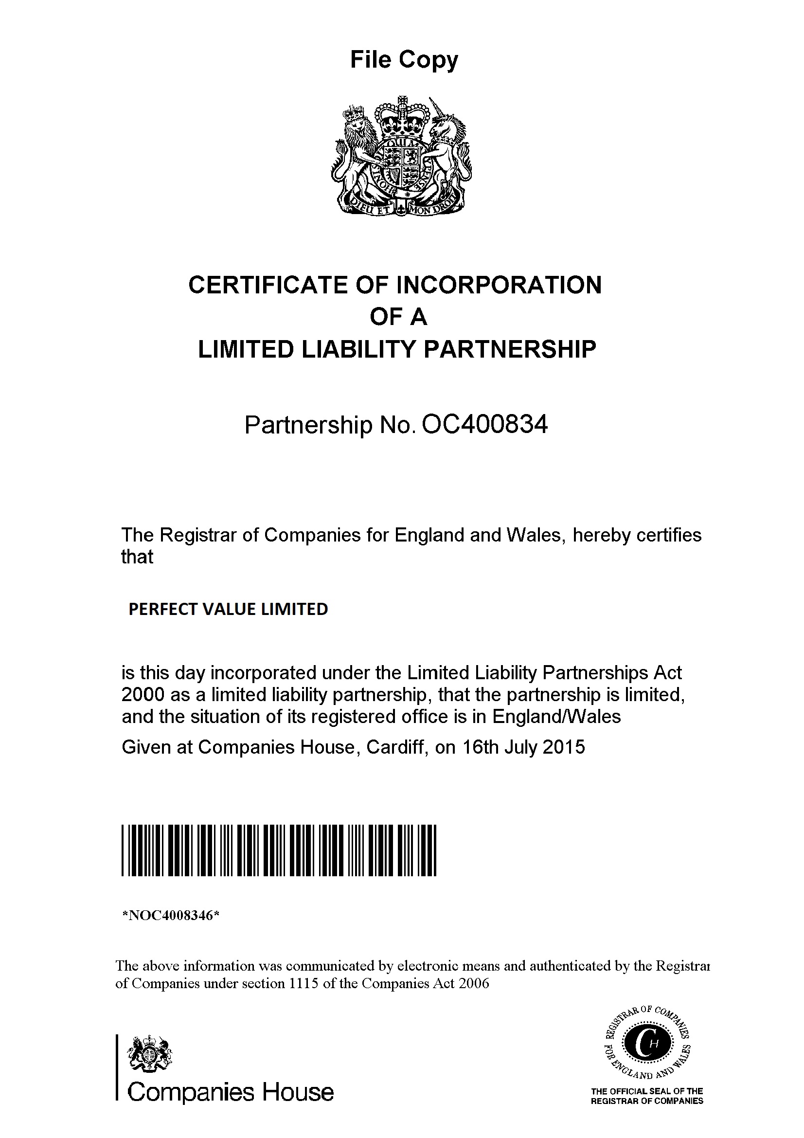 Perfect Value Legal Certificate